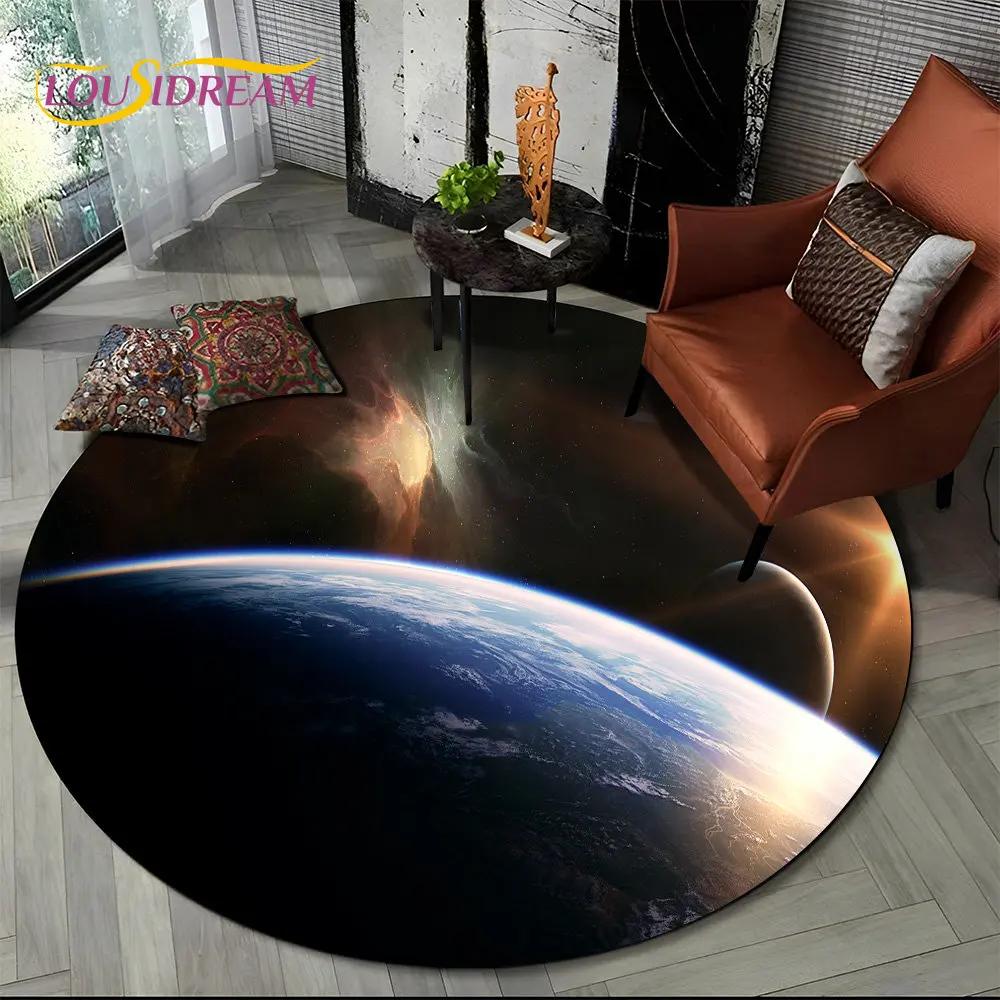 Earth Space Fixed Stars Galaxy Round Area Rug,Carpet for Living Room Children's Bedroom Sofa Playroom Decor,Non-slip Floor Mat