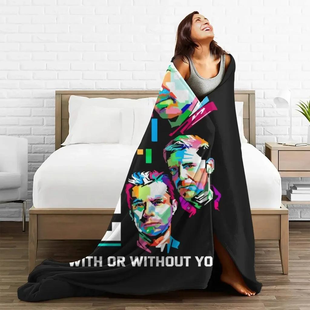 U2 Rock Band Blanket Member Faces Poster Vintage Camping Flannel Throw Blanket Warm Soft Bedroom Design Bedspread Gift