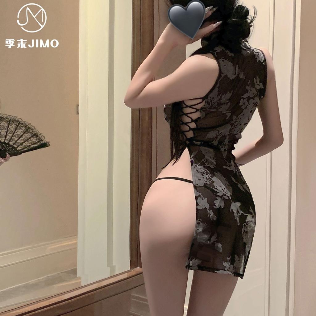 High-quality Flocking New Chinese-style Improved Cheongsam Sexy Perspective High Split Ink Style Sexy Underwear Straps