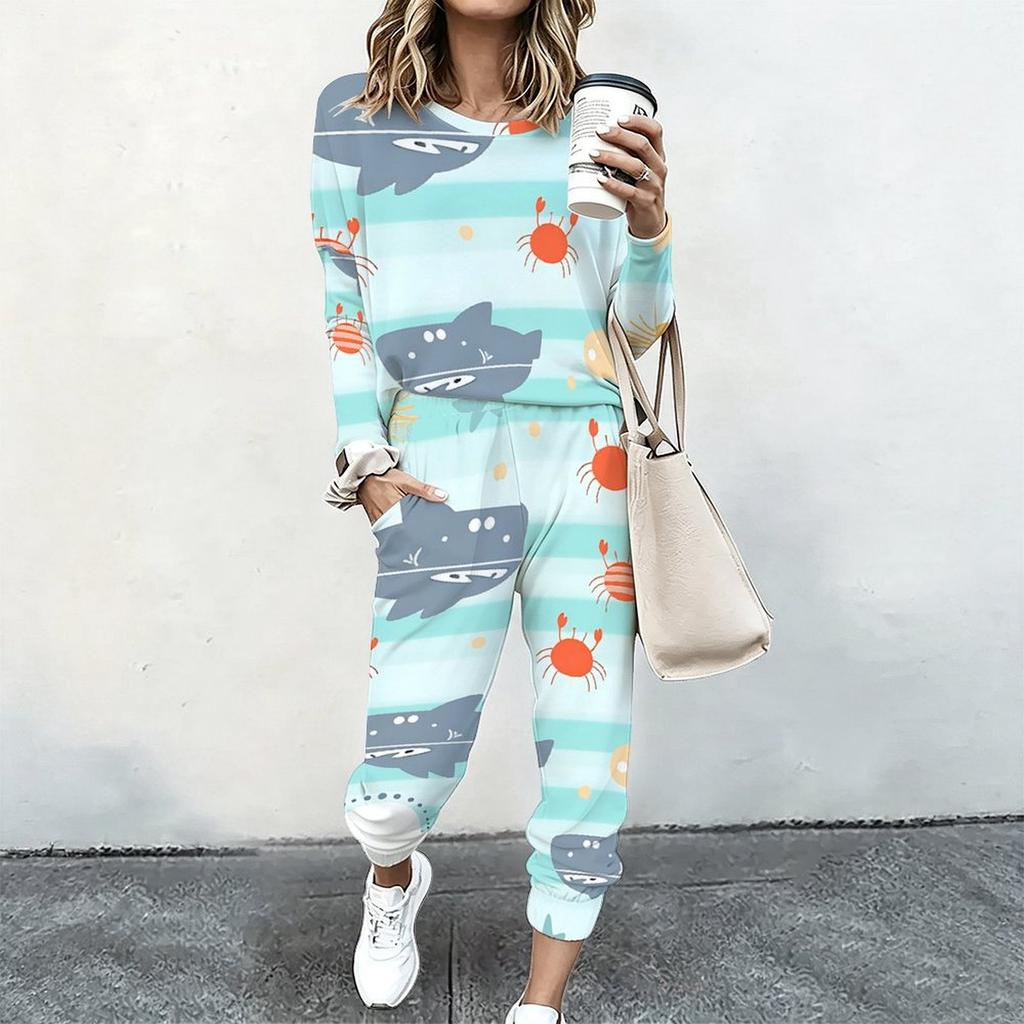 Ladies Loose Long Sleeve Top And Elastic Waist Pants Two Piece Cozy Daily Outfit Set