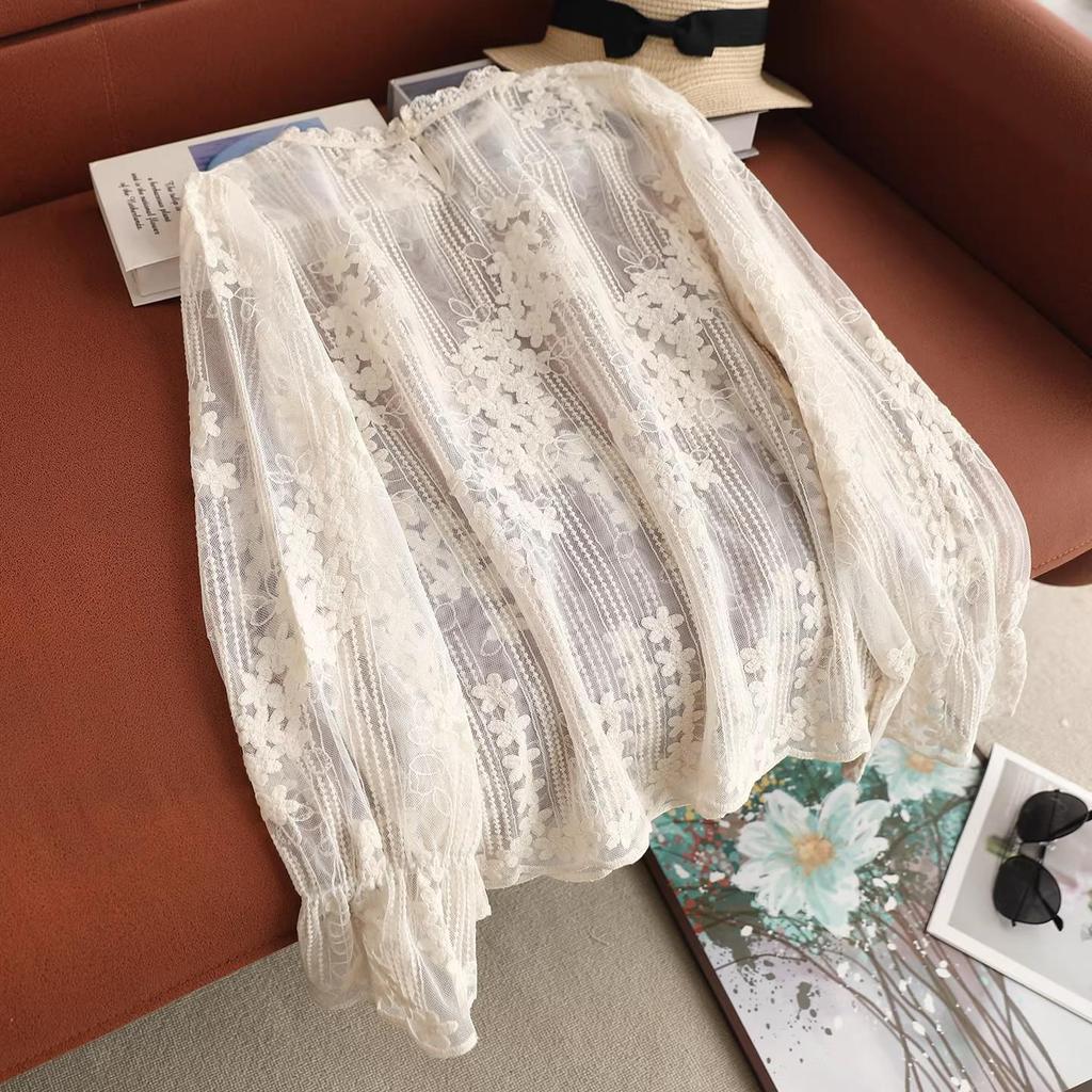 Women's Loose-Fit Embroidered Lace Collar Cotton Pullover Shirt