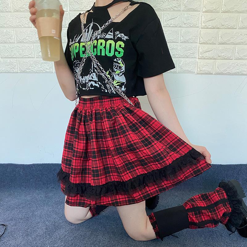 Y2K Plaid Lace Patchwork High-Waisted Mini Skirt, Elastic Waist Slimming A-Line, Pleated JK Visual Kei