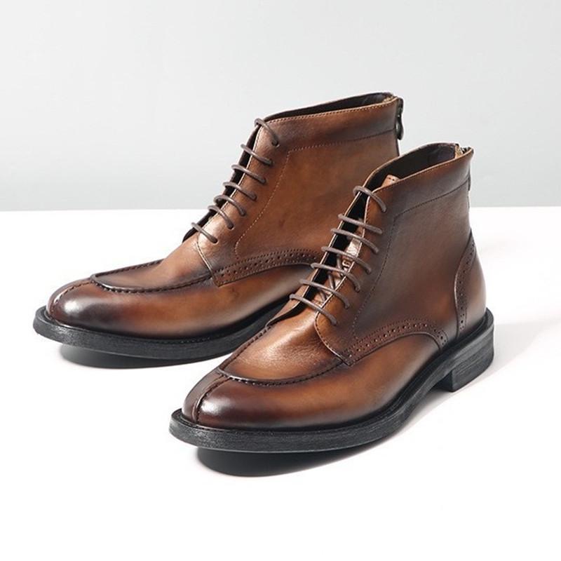 Fashion Handmade Designer Pointed Toe Men Brogues Boots Luxury Premium Top Layer Cowhide Genuine Leather Lace Up Dress Shoes for Men