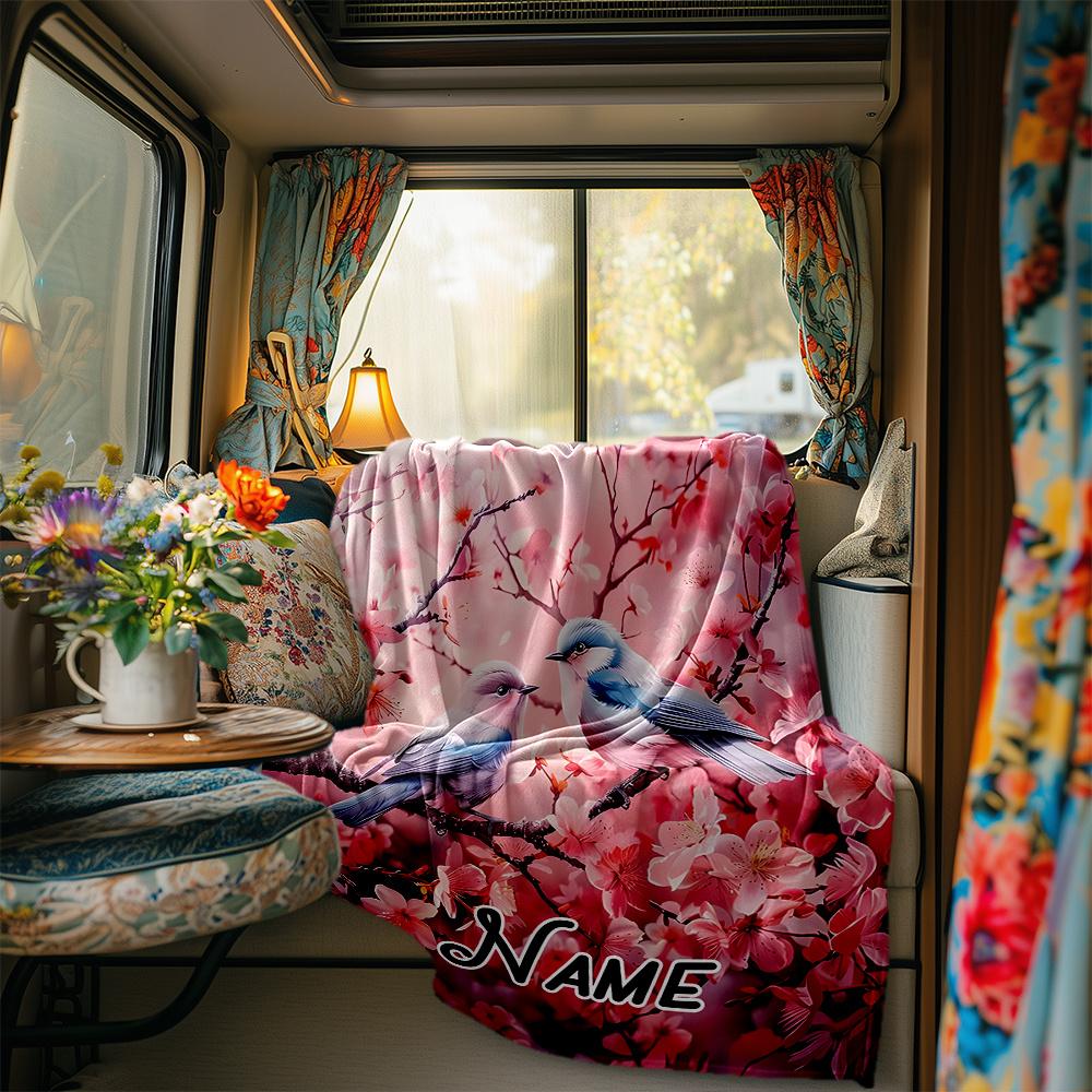 Cherry Blossoms And Blue Birds In Harmony Rv Blanketcustomizable With Your Namecomfortable And Stylish Perfect For Rv Travel Beds Chairs Offices Sofas