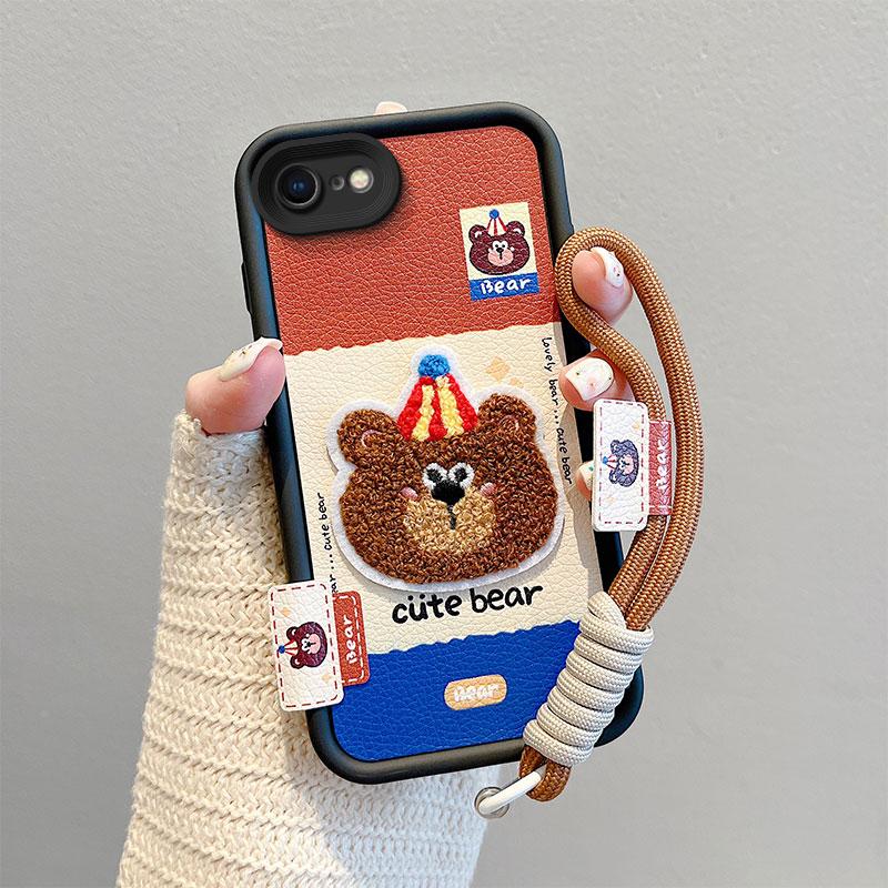 KEYSION Cartoon Cute Plush Embroidery Case for iPhone SE 2020 2022 with Lanyard Shockproof Phone Cover for iPhone 8 7 6s Plus
