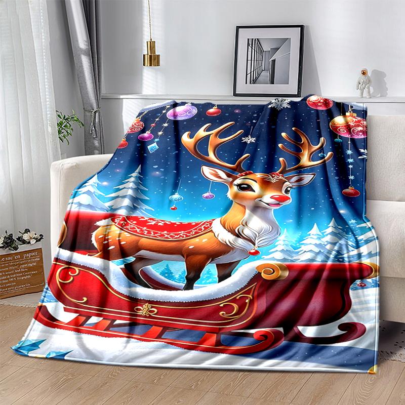 1Pc Christmas Reindeer Sleigh Blanket Soft And Comfortable Casual Warm Camping Travel Christmas Halloween Gift M921388