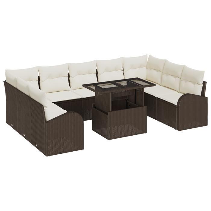 Ensemble de canapé 10 pièces en rotin marron avec coussins, Canapé 2 places avec rangement et coussins en rotin marron 3357441