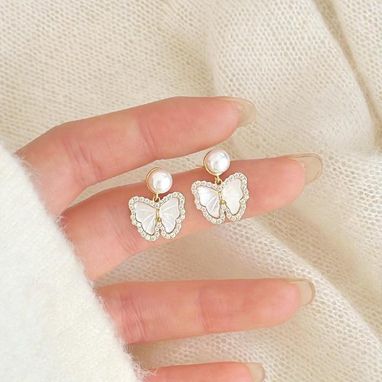 French Elegant Pearl Butterfly Stud Earrings - Delicate, Sweet, Micro-Paved Girly Accessories