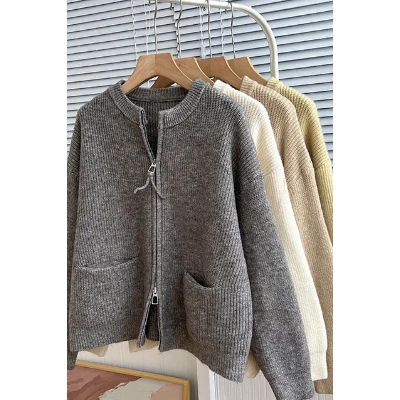 Doppelkopf-Reißverschluss Rundhals Strickjacke Top Weiche Strickjacke Pullover Damen Frühling und Herbst Neu Locker Tasche