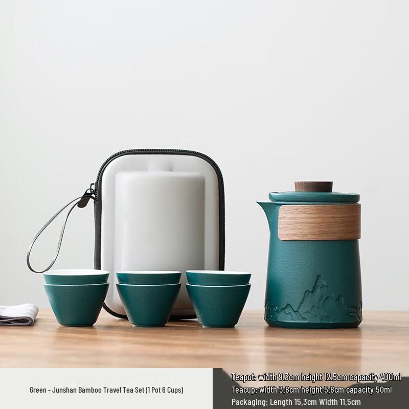 Portable Black Pottery Travel Tea Set One Pot, Six Cups, Green