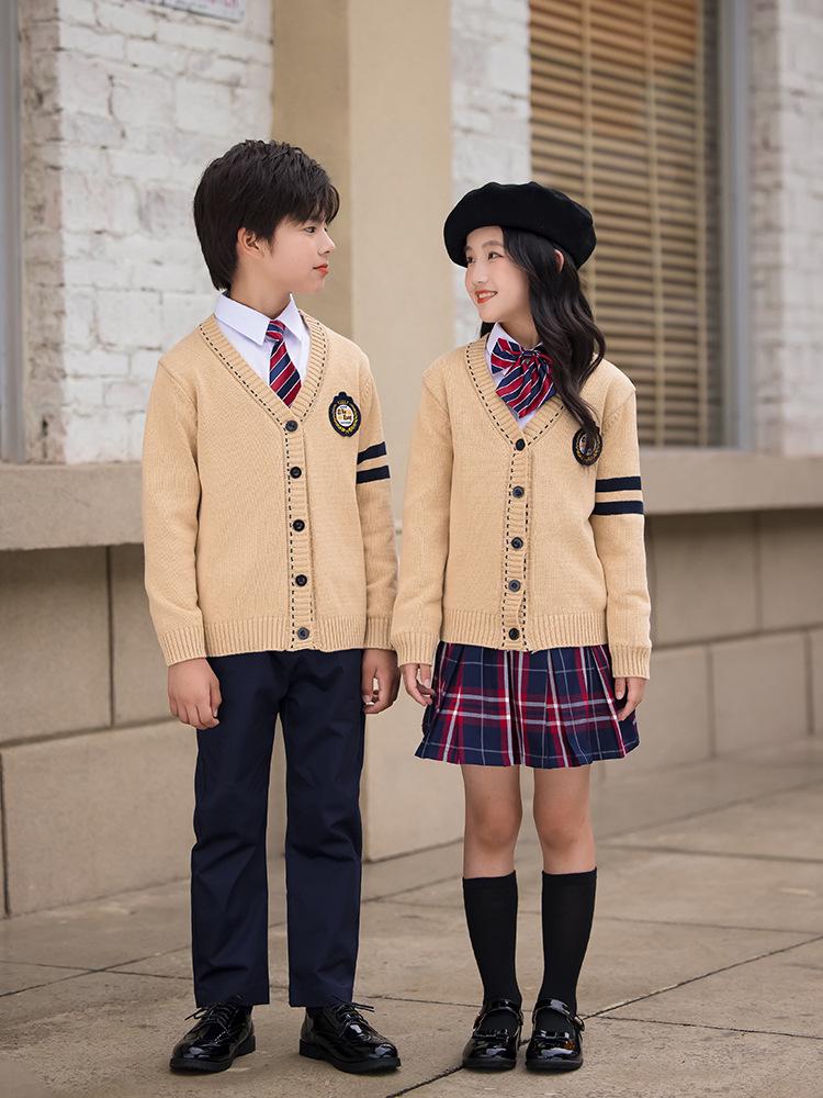 Children's British School Cardigan Three-Piece Set: Spring/Autumn Uniform for Primary and Kindergarten
