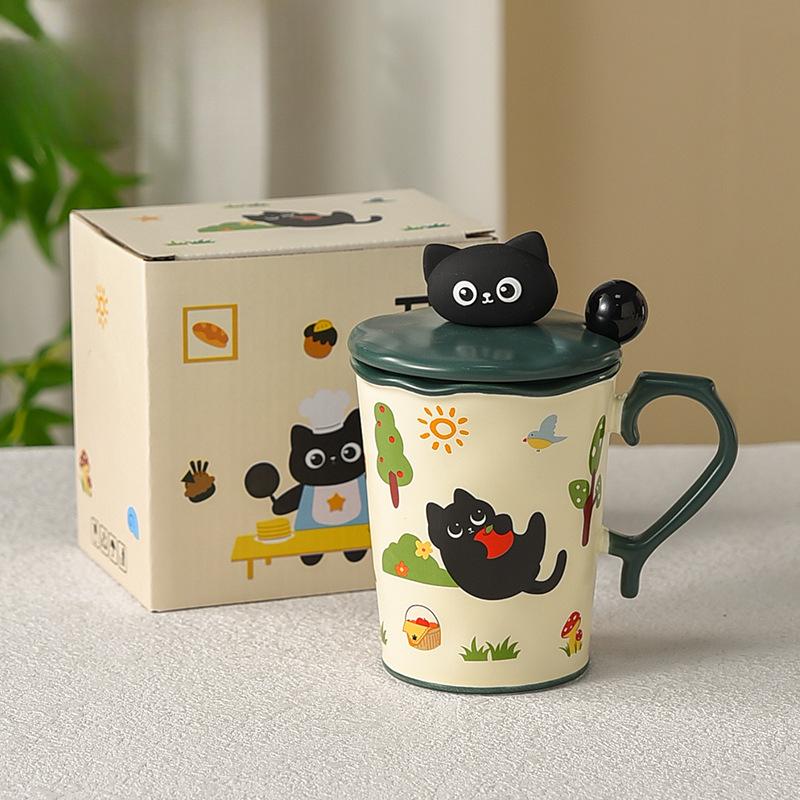 Niedliche Katze Keramiktasse Becher mit Deckel und Löffel für Mädchen mit hochwertigem Design Nische Büro Wasserbecher