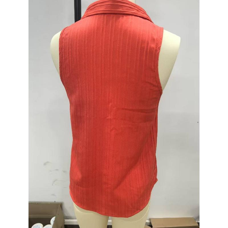 Camicetta da Donna Arancione a Coste Senza Maniche con Bottoni e Collo Camicia Casual Estiva Monocolore