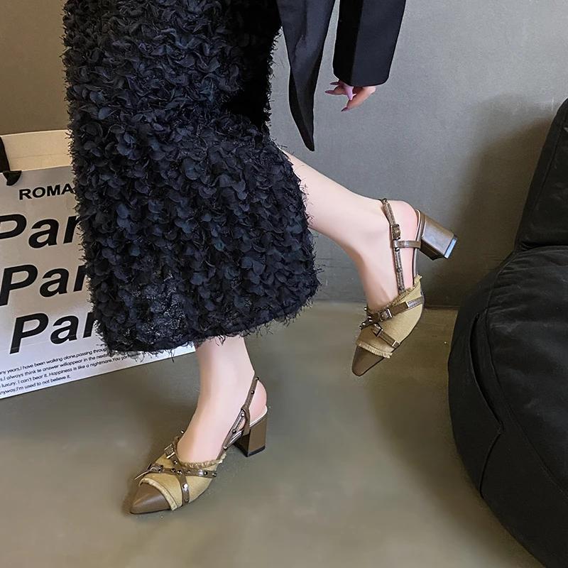 Sexy high heels, women's pointed toe patchwork open-heel sandals, 2025 summer fashionable casual party women's shoes