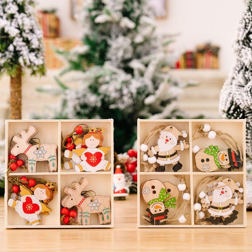 

12pcs Santa Claus Christmas Tree Ornaments Natural Wood Wooden Christmas Pendant Charming Home Santa Claus Snowman