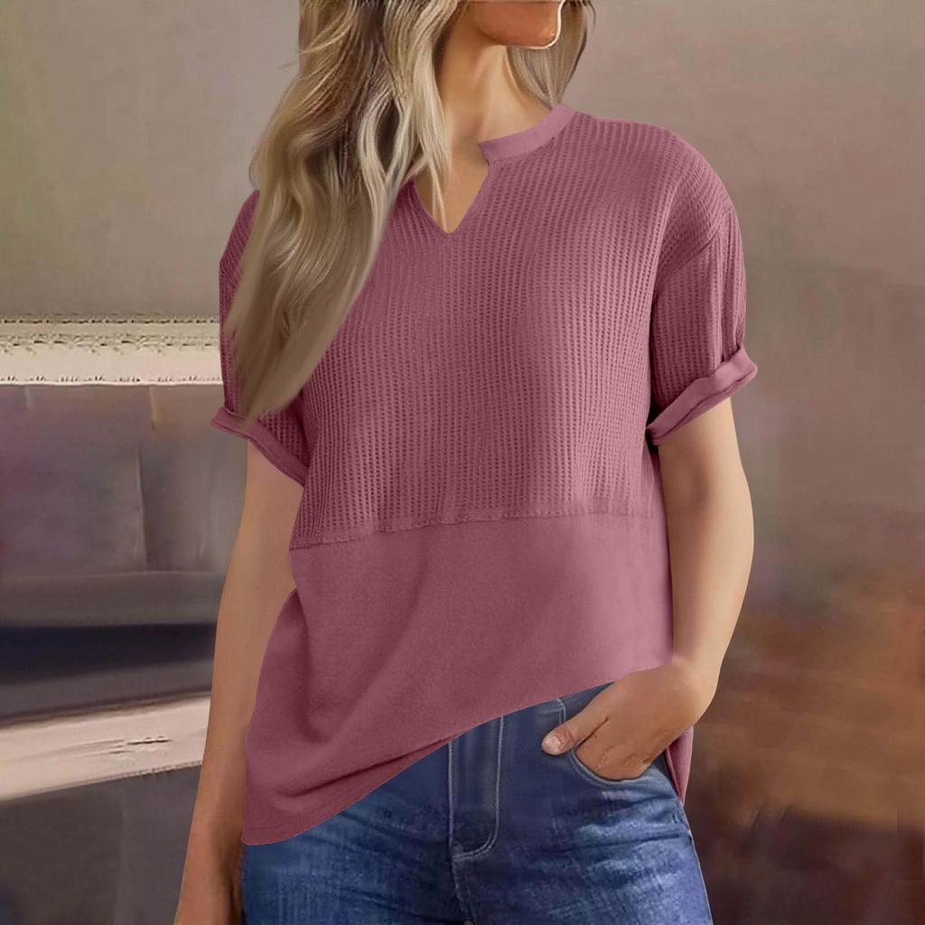 Womens  Knit Tops Casual V Neck Short Sleeve T Shirts Loose Blouses