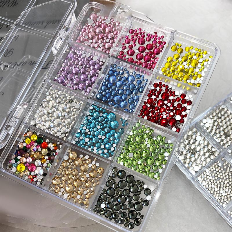 12 Grids/Box Shimmering Colorful Nail Art Flatback Gemstones For Diy Nail Nail Jewelry Decoration