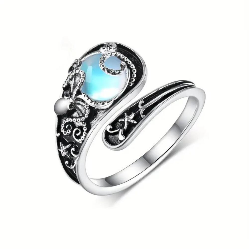 Open Ring Hawaiian Octopus Moonstone Adjustable Vintage Silver Womens Boho Jewelry adjustable