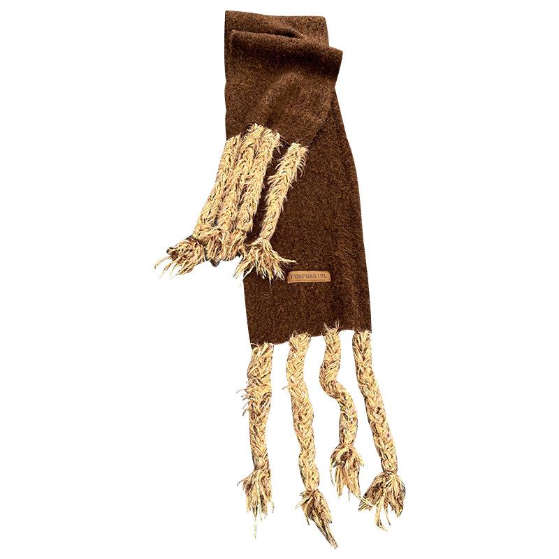 Handmade long tassel retro winter thickened solid color warm scarf women's thick wool scarf