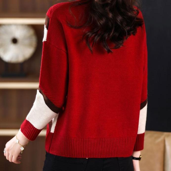 Maglioni da Donna Autunno Inverno Nuovi Patchwork Contrasto Lavorazione a Maglia Larghi Vintage Pullover Top Casual Moda Maglioni