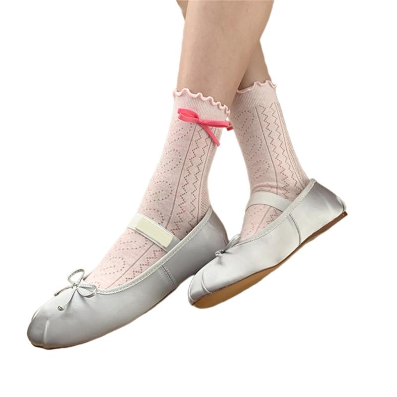 Women's Japanese Sweet Bowknot Accent Crew Socks Elegant Students Hollowout Heart Pattern Ruffle Top Middle Calf Socks