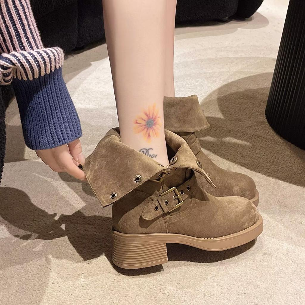 Women's Fashion Thick Heel Single Boots Spring New Square Head Sleeve Rivets Metal Buckle Anti-slip Wear-resistant High Boots