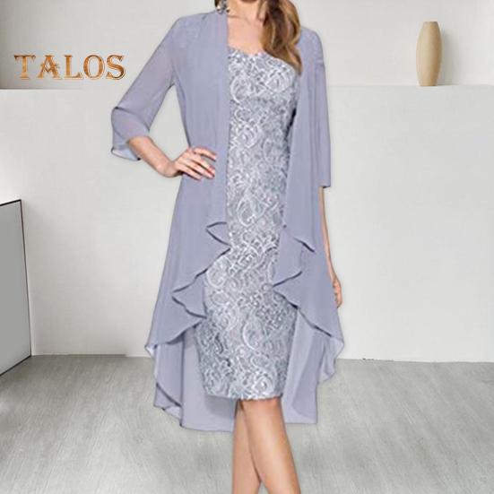 2 Teile/satz Damen Strickjacke Kleid Set Spitze Blumenstickerei O Hals Slim Fit Midikleid Dünn Unregelmäßig Dreiviertel Ärmel Mittellang Mantel Formal