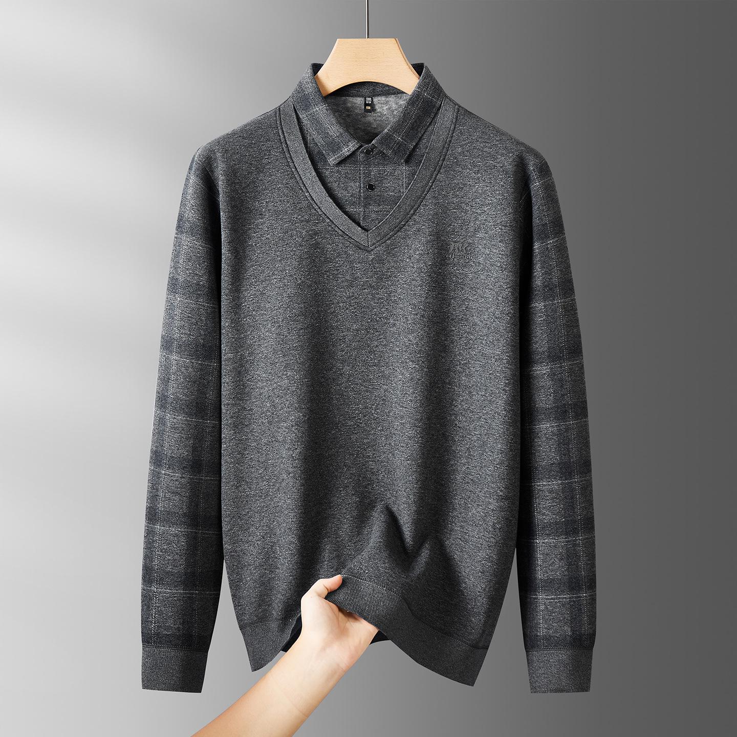 Velvet Thickened Faux Two-Piece Long-Sleeve T-Shirt 2025 Autumn/Winter Plus Size Warm Lapel Knitwear for Men 6XL зелёный