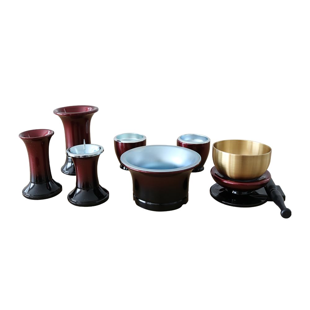 7-teiliges Buddhistisches Altar-Set mit Glocke, Komplettset, stilvoll und modern, weinrot, für Miniatur- und kleine Altäre, kompakt, für alle Sekten geeignet