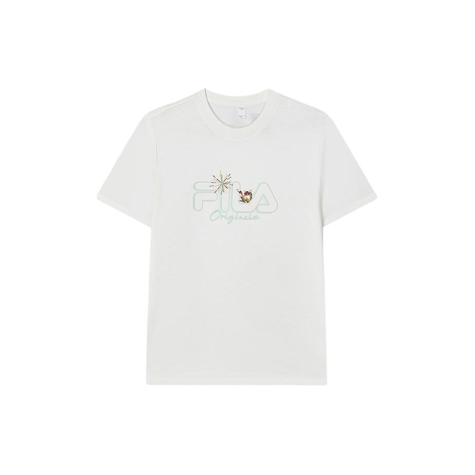 

FILA Letter Print Cat Embroidery Skin-Friendly Pure Cotton Round Neck Pullover Short Sleeve T-Shirt Women tops Cloud-Mushroom-White F11W429105FWT S
