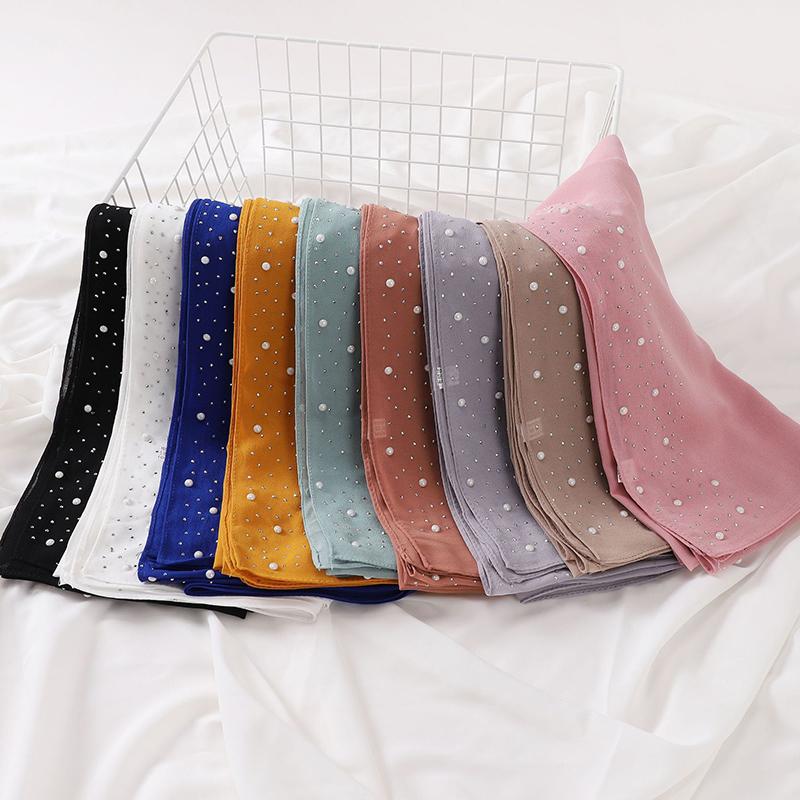 Ramadan Plain Bubble Pearl Chiffon Scarf Big Size Cotton Rayon Muslim Hijab Women Headscarf Wrap Shawls Female Islamic Turban