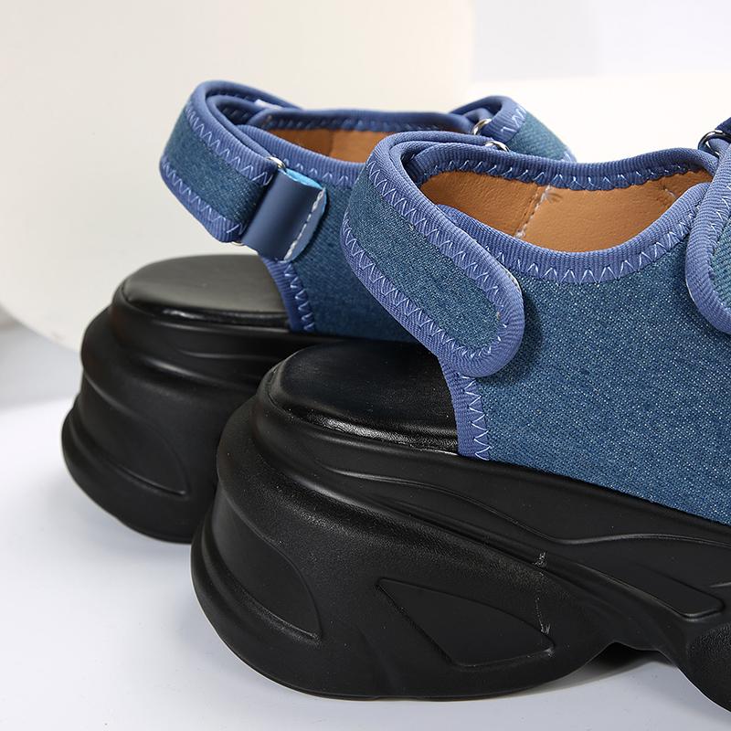 Sandalias de plataforma gruesas de mezclilla azul de moda para mujer, sandalias de cuña de talla grande para verano 2024, sandalias de mujer con gancho gótico y parte inferior gruesa, sandalias para mujer