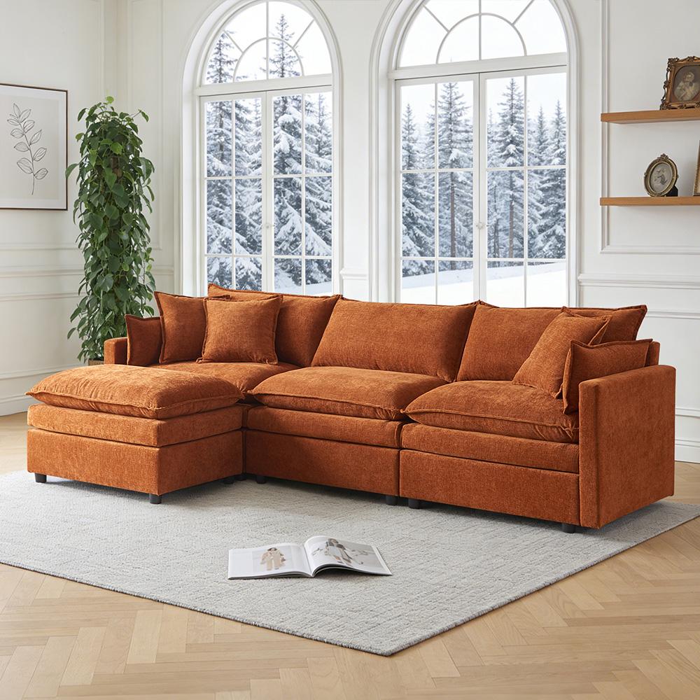 Ultra-weiches Modulsofa, aus Chenille und Massivholz, schneller Aufbau