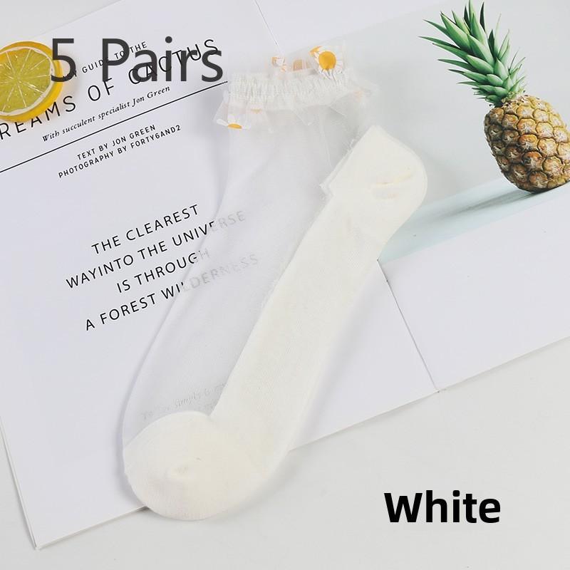 5 Pairs Spring/Summer Glass Wire Boat Socks Sewn with Daisy Lace Transparent Silk Women's Boat Socks
