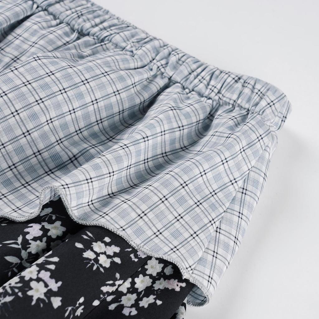 Spring/Summer Women's Low-Waist Plaid & Floral Patchwork Irregular Hem Skirt