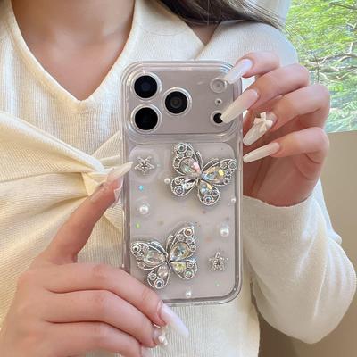 Korean Style 3D Rhinestone Butterfly iPhone 17 Pro Max Case for Women's Anti-Fall Protection, Fits Apple 16 and 15, Transparent