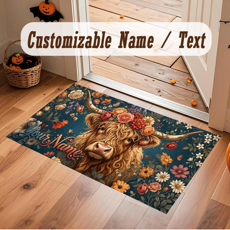 Highland Cow Theme Soft Crystal Velvet Rug Custom Name & Text Print Non Slip Floor Rug for Bedroom Living Room