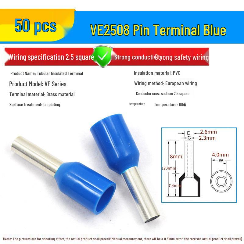 European Tubular Wire Connectors: VE0508, 7508, 1008, 1508, 2508 Pin Terminals