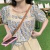 Women Square Collar Floral Print  Lace Patchwork Sweet Short Sleeves Chiffon Shirt Blouses