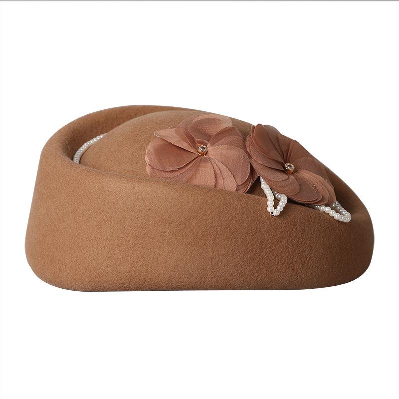 Autumn and Winter New Fashion Wool Hat Women's Daughter Gold Wind Fashion Top Hat Elegant Pearl Flower Crimped Beret