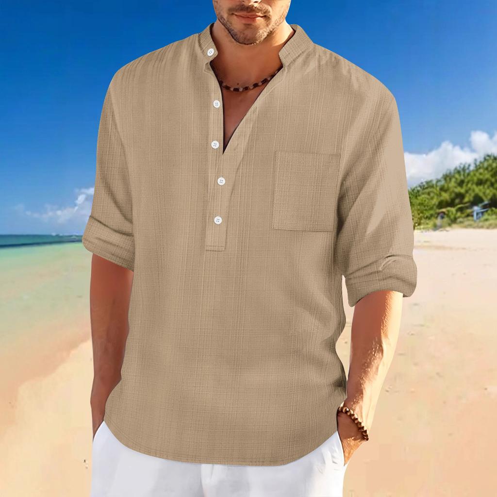Men's Stand Collar Bamboo-Weave Linen-Look Long-Sleeved Shirt Loose-Fit Casual Henley Top