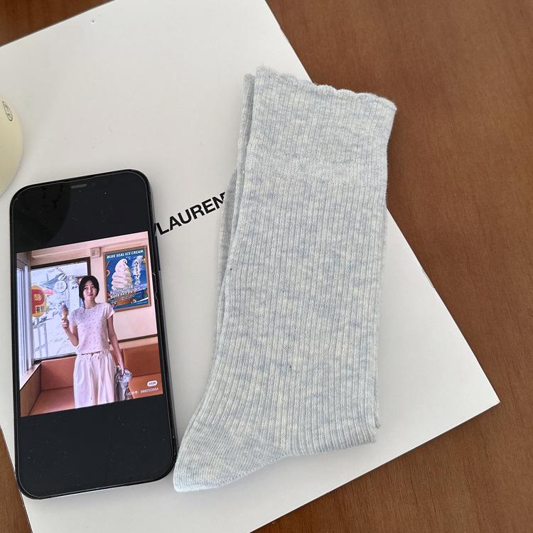

Spring-Summer Women s Thin Breathable Cotton Lace Socks - Korean Style Solid Color Ribbed Mid-Calf One Size