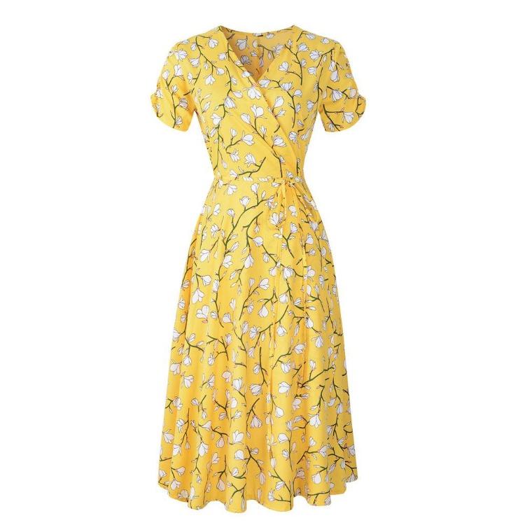 Bohemian Beach Dress Women Chiffon V Neck Short Sleeve High Waist Big Hem Spring Summer Print Sizes S to XXL