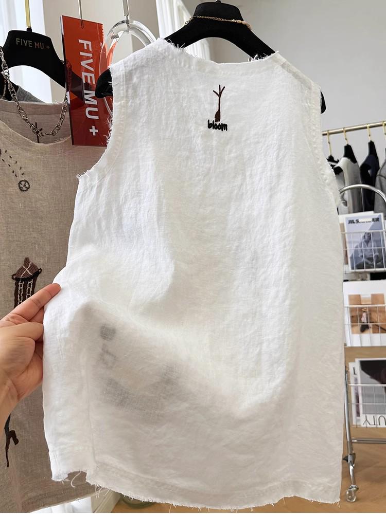 Women's Sleeveless Embroidered Cotton Linen Vest