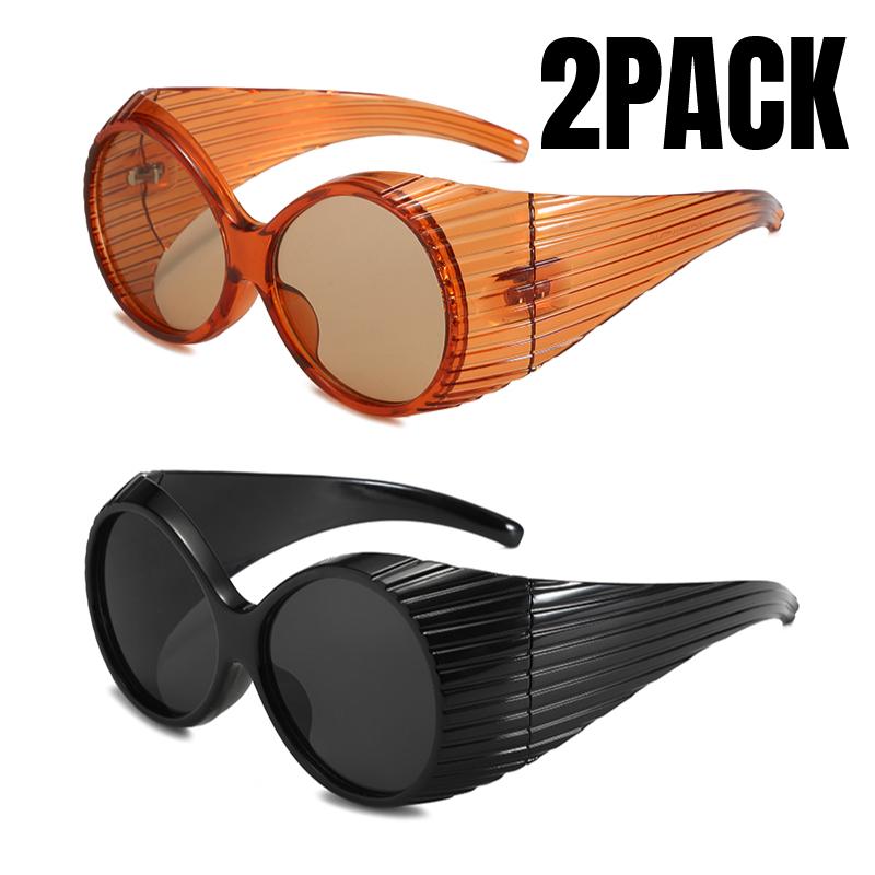 

2PACK Large Steampunk Round Sunglasses Female Vintage 2000 s Wrap Around Sun Eyeglasses for Women Stylish Big Frames Punk Sunglass