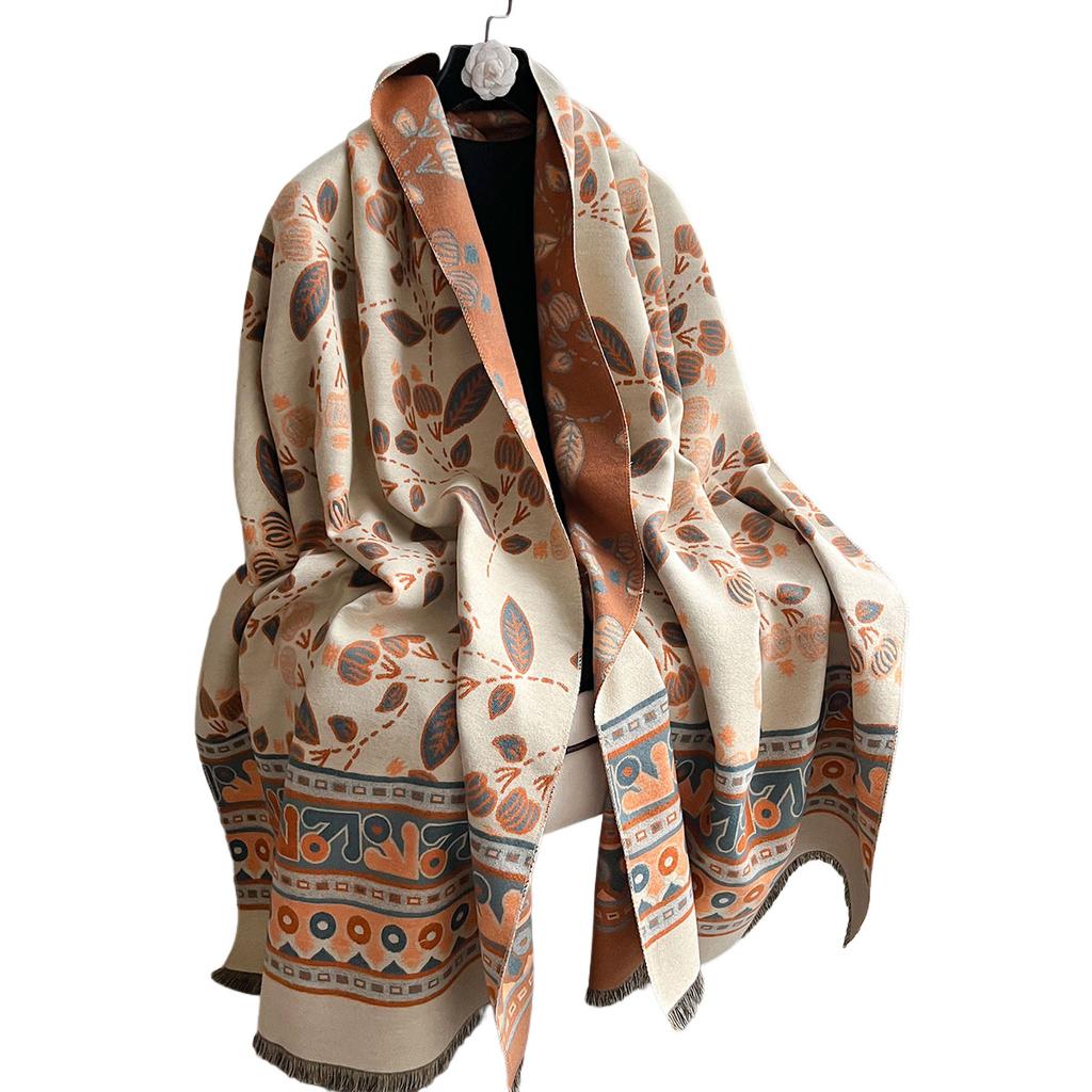 Autumn And Winter Leaf Printing Thickened Warm Women'S Shawl Imitation Cashmere Skin-Friendly Short Fringed Scarf