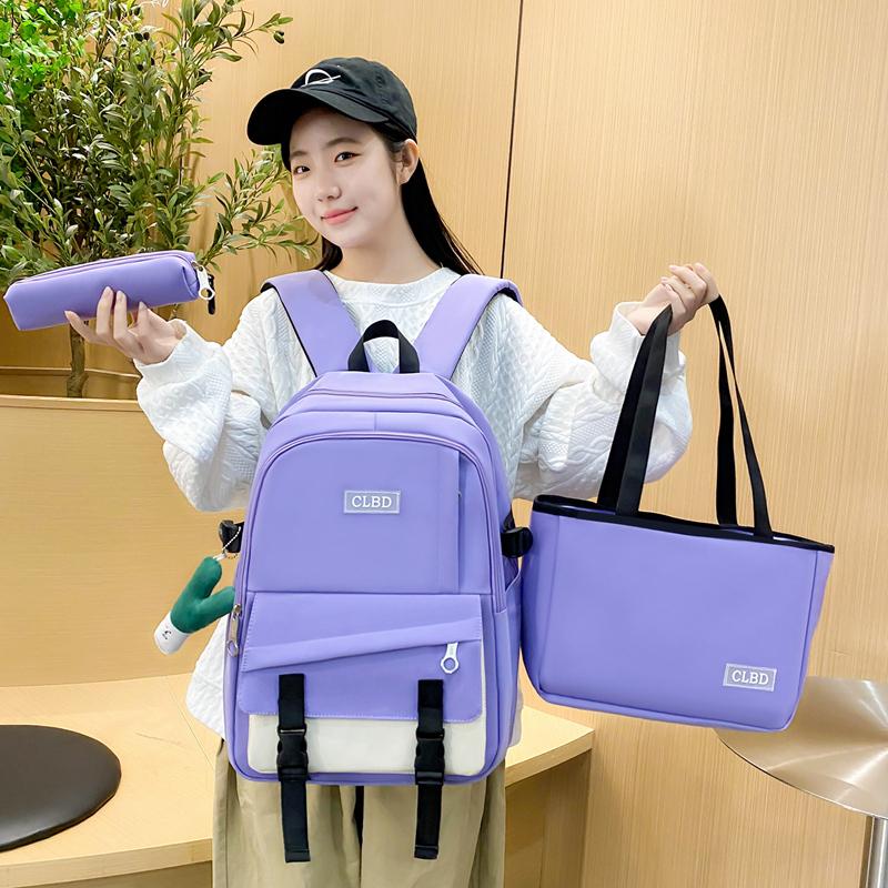 Three-Piece Backpack Set College Style Women Colored Block Large Capacity Backpack Student Schoolbag with Lunch Bag Pen Bag