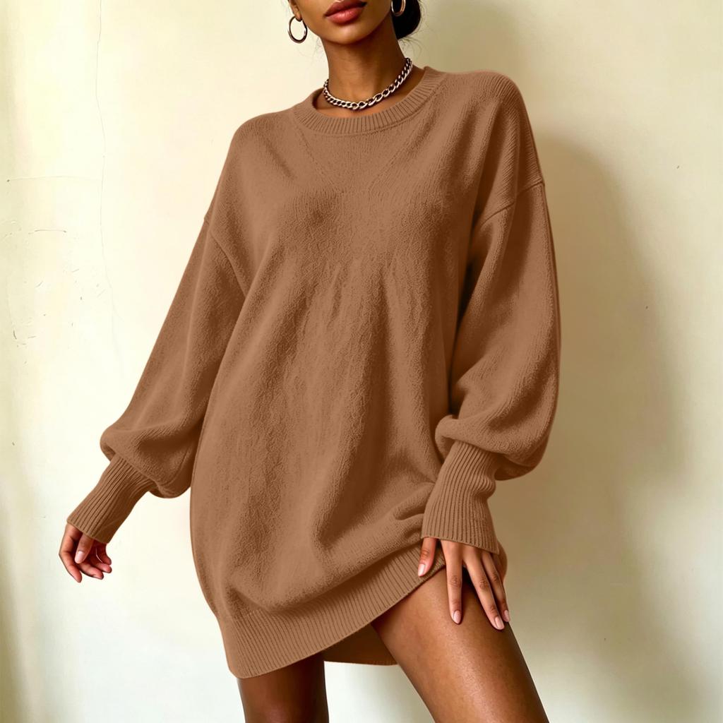 Women's Loose Fit Knit Midi Sweater Dress with Sleeves and Turn-Down Collar