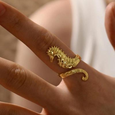 Stainless Steel Gold Color Seahorse Rings for Women Men Minimalist Metal Adjustable Open Rings Waterproof Stylish Jewelry Femme