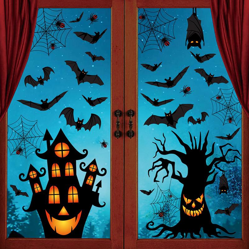 4 Halloween Haunted House Bat Window Stickers Halloween Party Home Window Glass Refrigerator Door Holiday Decoration Stickers